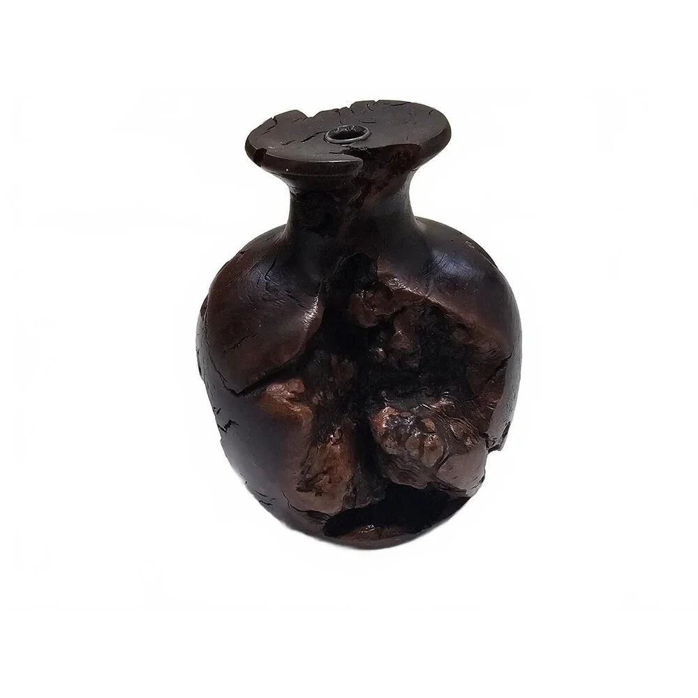 Handcrafted Dark Wood Decorative Vase with Natural Cracks and Green Felt Pads